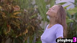 Beautiful blonde milf model katya clover strips naked, showing her small tits and cute ass while posing in the rain