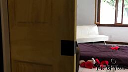 Tattooed brunette babe gets banged sideways on the floor.