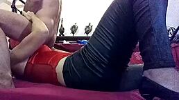 fucking white amateur milf in green leather pants red satin bodysuit heels doggy style pov ass licking blowjob