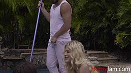 Slutty teen 18+ stepsisters Alessia Luna and Nikki Sweets seduce and bang the hot pool man