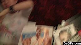 Teen lesbians kiss and lick on sofa