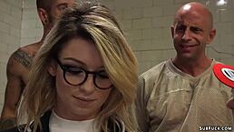 Bound journalist takes double penetration in locker room