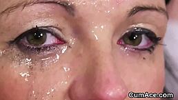 Frisky hottie gets cum load on her face swallowing all the load