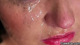 Frisky hottie gets cum load on her face swallowing all the load