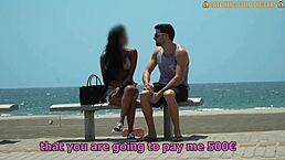 Brown Girl With Big Fake Boobs Kneels At Beach, Then Gets Pussy Destroyed At Home.