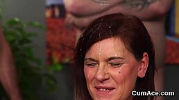 the unusual centerfold receives a facial cumshot and eats all the jizz in pov