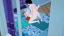 I fuck Futaba missionary then against the wall in this hentai.