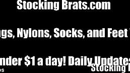 Three lesbians licking toes through tight fishnets