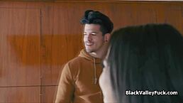 fooling around with sweet ebony pussy while girlfriend’s just nearby at home