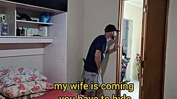 Blindfolded wife tricked in bedroom POV. Hidden friend joins for humiliating crossdressing sex play.