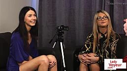 cfnm duo guiding a steamy jerkoff session in lingerie.