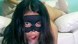 My friend teases petite me in lingerie with monster dildo on pussy and ass.