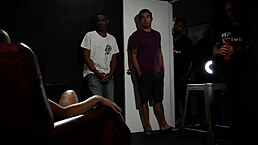 Busty milf gangbang with 5 strangers, gagging on cocks and cumshots.
