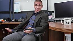 Uniformed guys in office threesome with hardcore bareback interracial sex