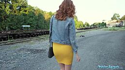 sexy redhead waitress sucks monster cock and gets fucked doggystyle outside