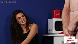 Cute babe spreads legs in kitchen to assist jerking guy