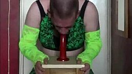 Ever seen a shy crossdresser bouncing wildly in homemade action?