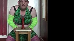 Ever seen a shy crossdresser bouncing wildly in homemade action?