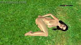 Cute girl masturbates with cucumber in 3D anime.