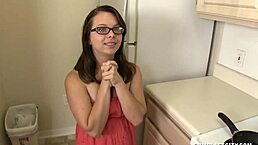 Brunette nerd in glasses gives naughty early morning handjob to cumshot