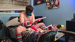 submissive guy plays with big dildo