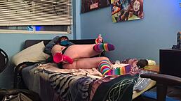 submissive guy plays with big dildo