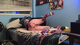 submissive guy plays with big dildo