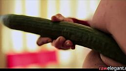 This beautiful euro glamour babe masturbates to orgasm with a cucumber