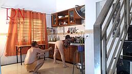 Housewife in pantyhose strips naked in kitchen for wild orgasm