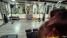 trainer bangs katty hard during gym workout.