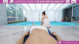 Watch this young brunette get fucked hard by the pool