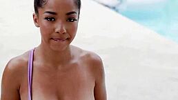 ebony teen's oily pussy drilled outdoors by the pool