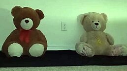 Enjoying a threesome with brown and caucasian furry toy bears?