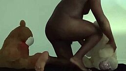 Enjoying a threesome with brown and caucasian furry toy bears?