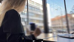 Flashing Tits in Cafe Through Glass Walls for All Outside to See