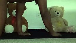 Enjoying a threesome with brown and caucasian furry toy bears?