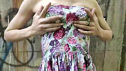 Public blowjob from a beauty in a dress, she showed herself off to friends in this homemade outdoor scene.
