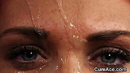 flirty peach enjoys a bukkake session, swallowing every drop of cum