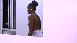 happy babe chats in bathroom with shy black boy