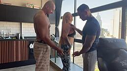 I am a student bodybuilder with tight leggings getting cum on tits.