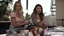 Brunette Lesbian Strips and Licks Big Tits BFF in Hot Scene