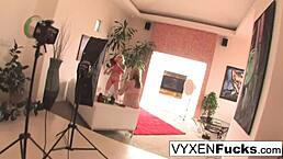 Vyxen and Sarah, the sexy pornstars, exclaim as they fuck each other with dildos and toys!