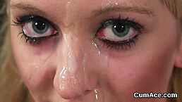 hot beauty gulping jizz in bukkake blowbang 😋