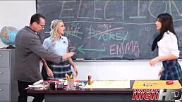 Two h girls take turns with teacher