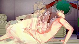 ochako uraraka, himiko toga, tsuyu asui, and izuku midoriya in intense 3p hentai sex with big tits and anime action.