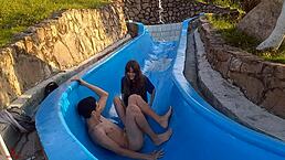 Stepsister gets stuck in pool slide, leading to wild fuck