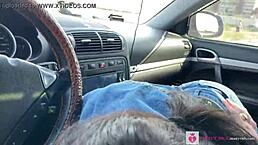 Petite brunette sucks cock in porsche car