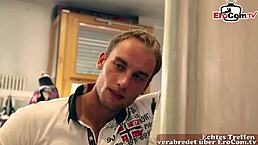 German short-haired milf model gets naughty in shopping center public spot