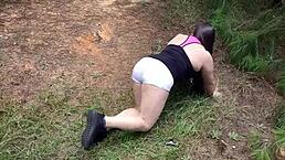 latina sister-in-law with giant cameltoe seduces guys in the forest while exercising, loves cock and cum 😈🍆💦