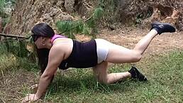 latina sister-in-law with giant cameltoe seduces guys in the forest while exercising, loves cock and cum 😈🍆💦